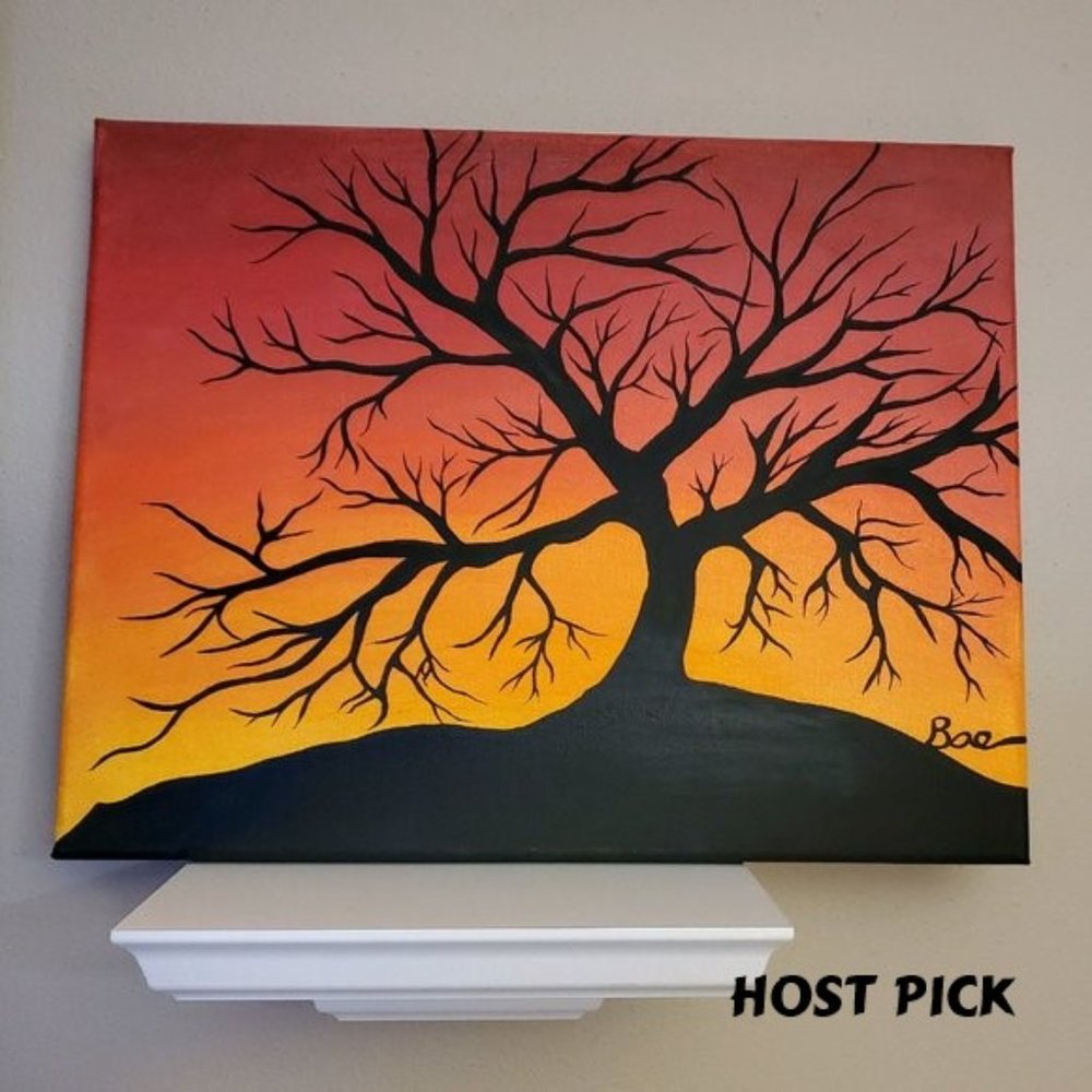 Black Tree Silhouette at Sunset Acrylic Painting
